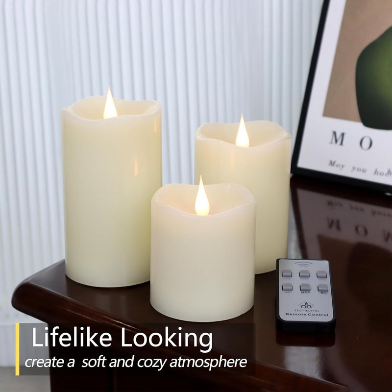 TECHLONG Flameless Candles Battery Operated with Remote Timer, 3D Moving Flame Flickering, Last 600+ Hours Battery Candles, Set of 3 Ivory Real Wax Electric LED Candle for Wedding Party Decor - Image 3